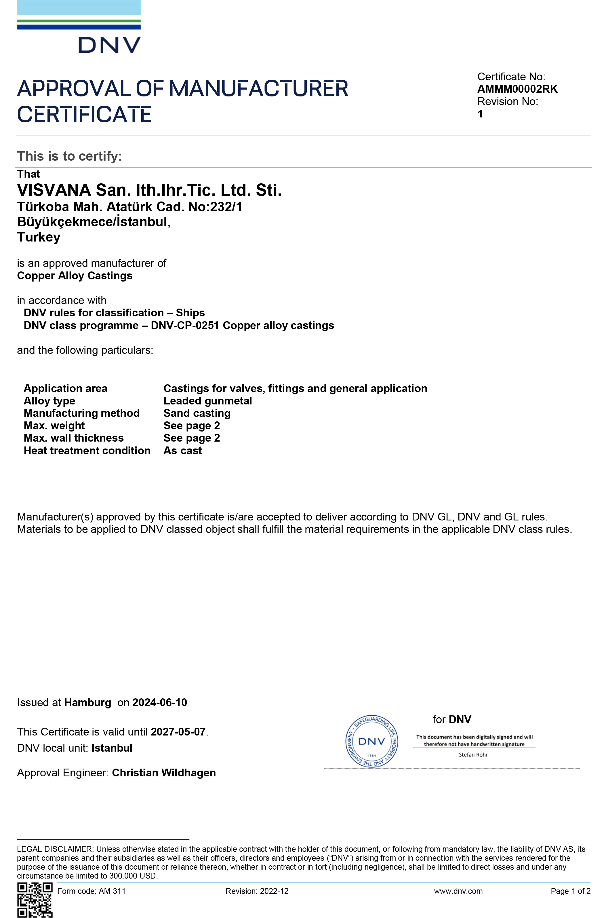 DNV Copper Alloy Casting Foundry Approval Valid 2027 AMMM00002RK