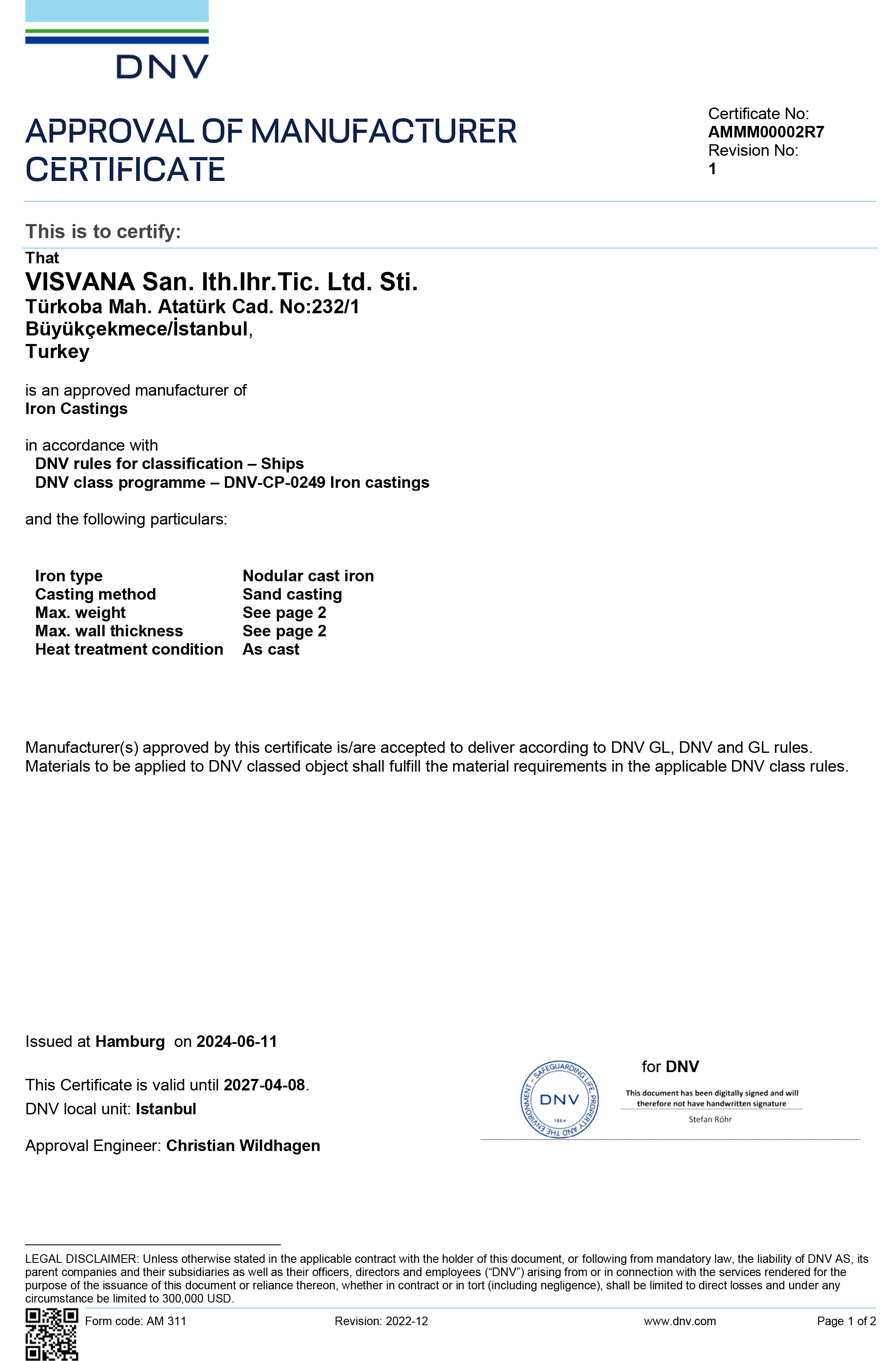 DNV Ductile Iron Foundry Approval Valid 2027 AMMM00002R7