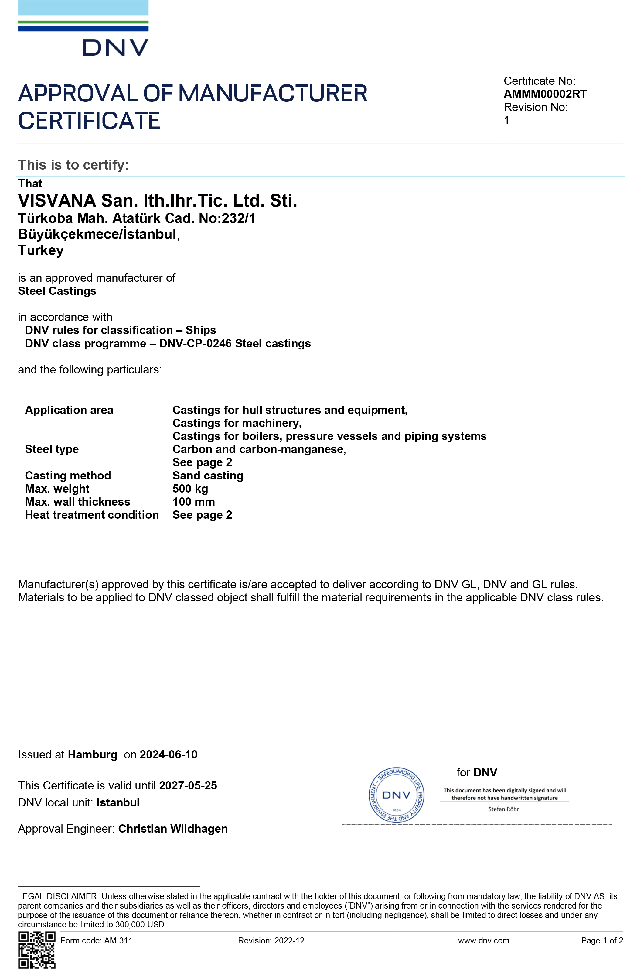 DNV Steel Casting Approval Valid 2027 AMMM00002RT