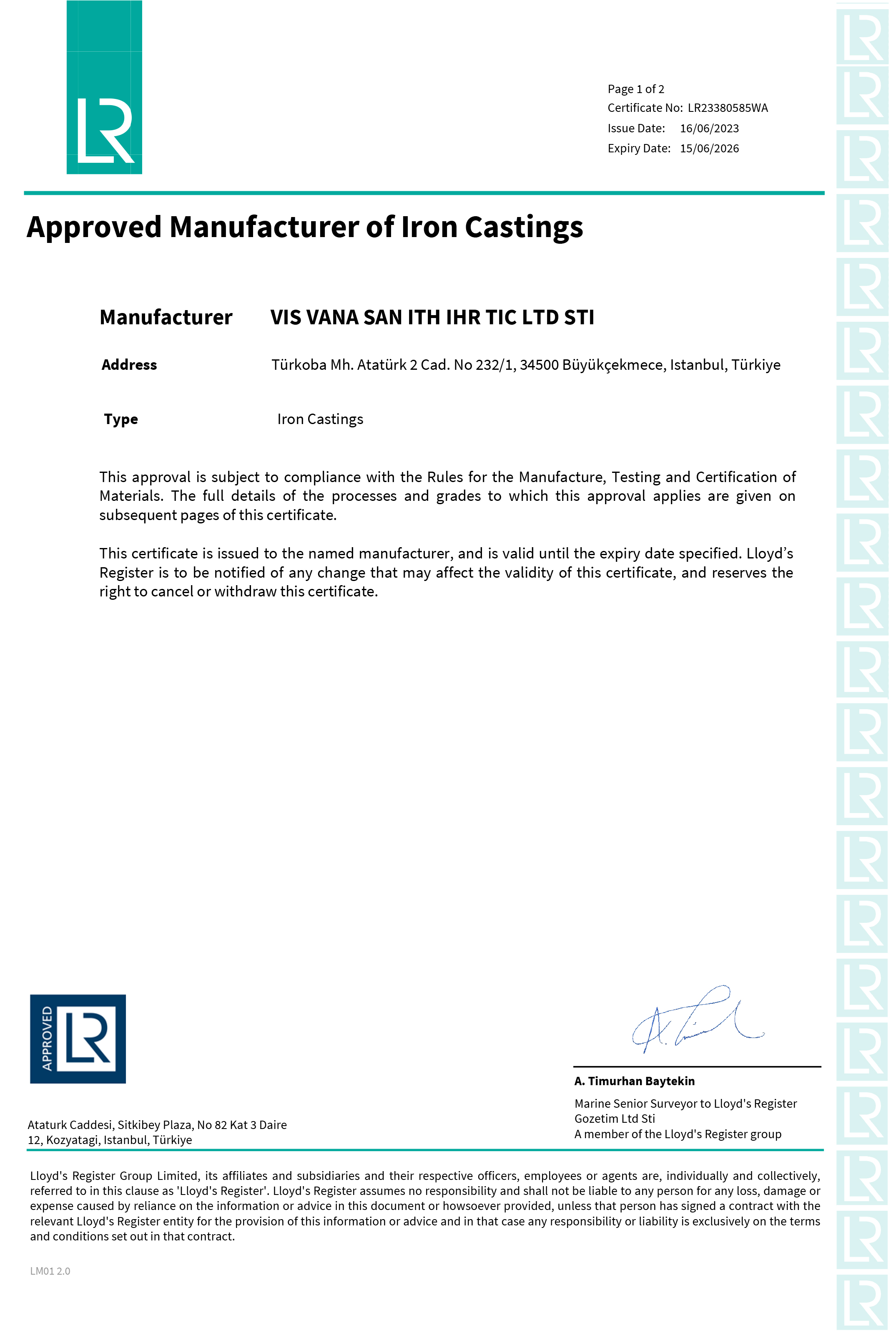 LR-Iron Casting Certificate Validity 06-2026 LR23380585WA