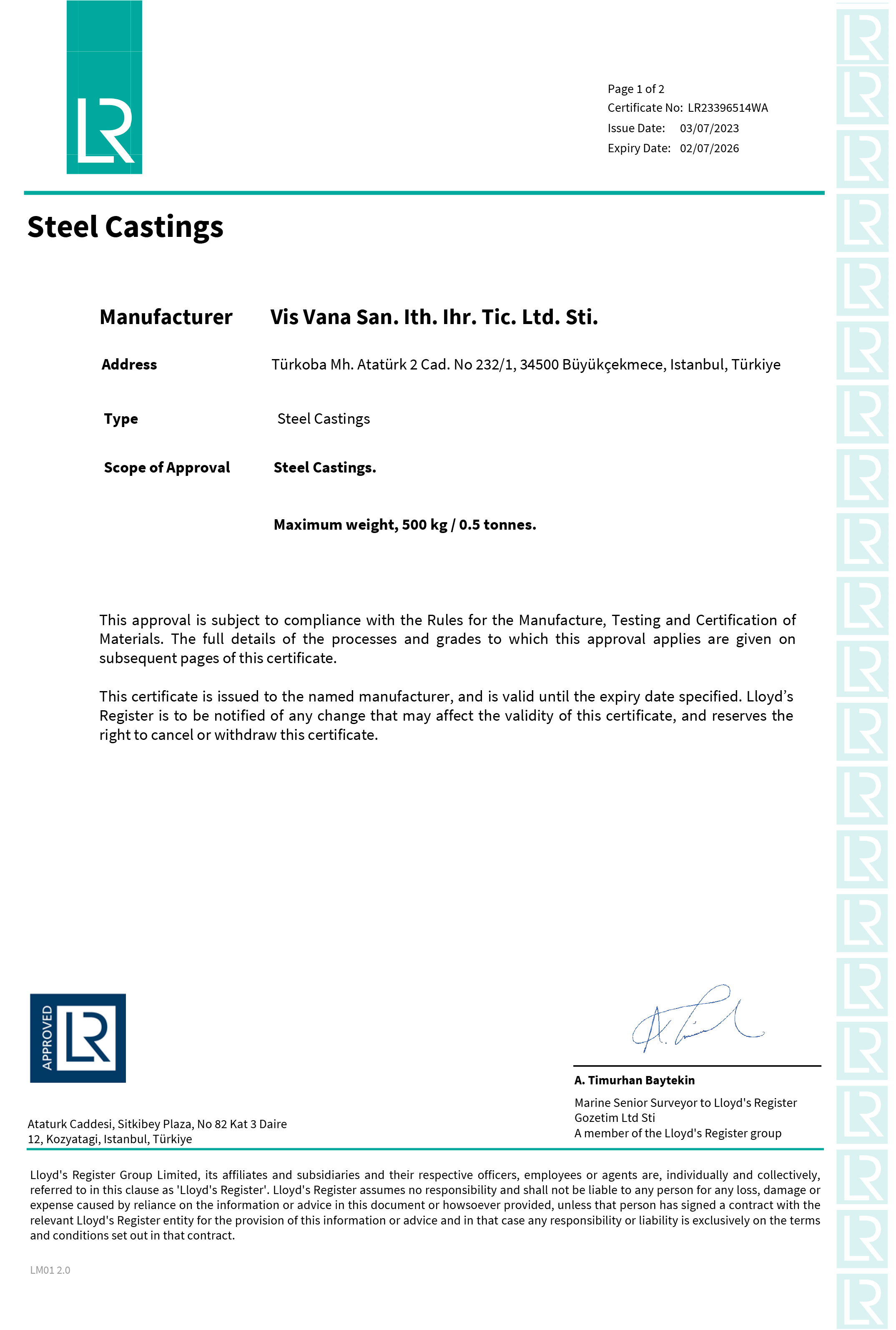 LR Steel Casting Foundry Approval Certificate 2023- 2026 LR23396514WA