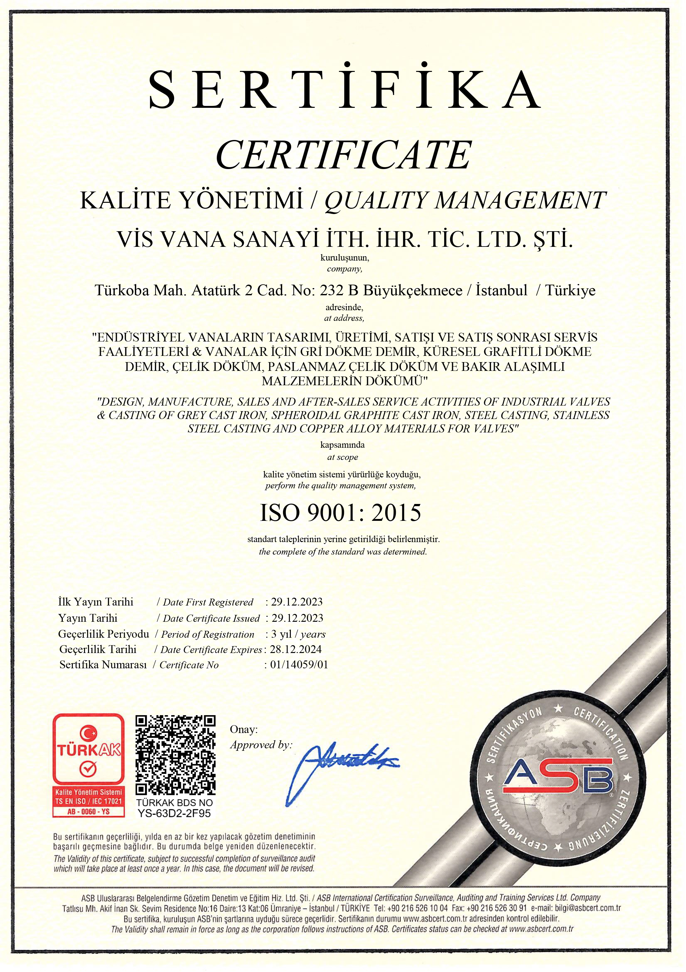 Sertifika - Vis Vana - ISO 9001 - 2023-2024